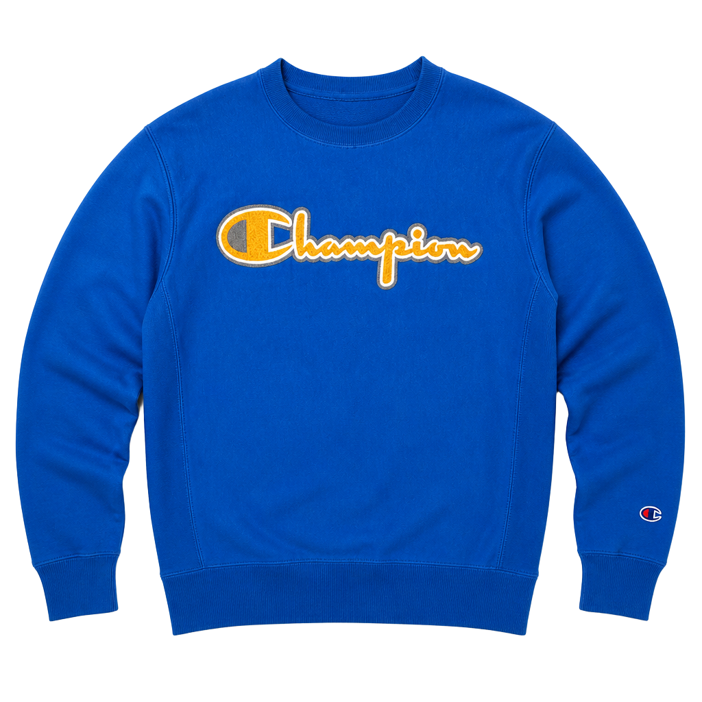 Champion Reverse Weave Script Logo Crewneck Sweatshirt Blue Yellow Size Medium 1