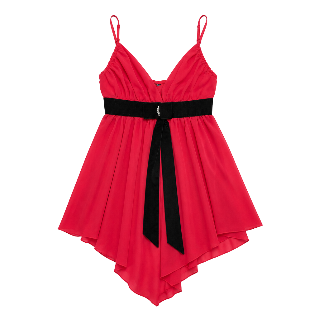 Vintage Frederick's of Hollywood Red Chiffon Babydoll Lingerie Top with Velvet Bow 1