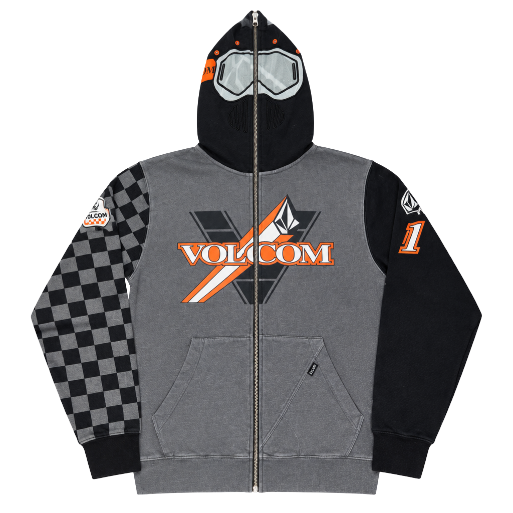 Youth XL Volcom Full Zip Hoodie Face Mask Goggles Checkered Gray Orange 1