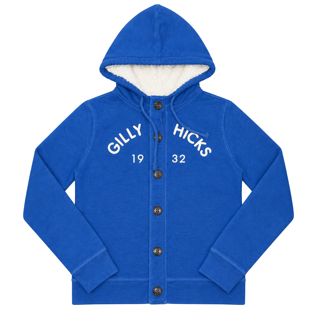 Y2K style Gilly Hicks 1932 Sherpa Lined Button Hoodie Blue 1