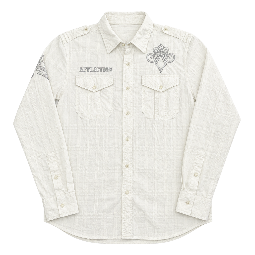 Y2K vintage Affliction Lost Souls Button Down Shirt White Embroidered Long Sleeve 1