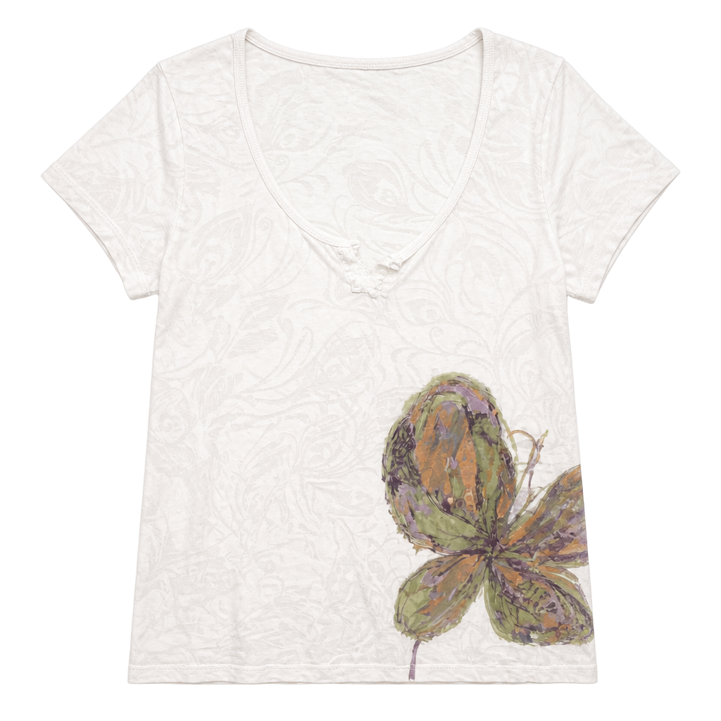 Charlotte Tarantola White Floral Burnout V-Neck T-Shirt Size L 1
