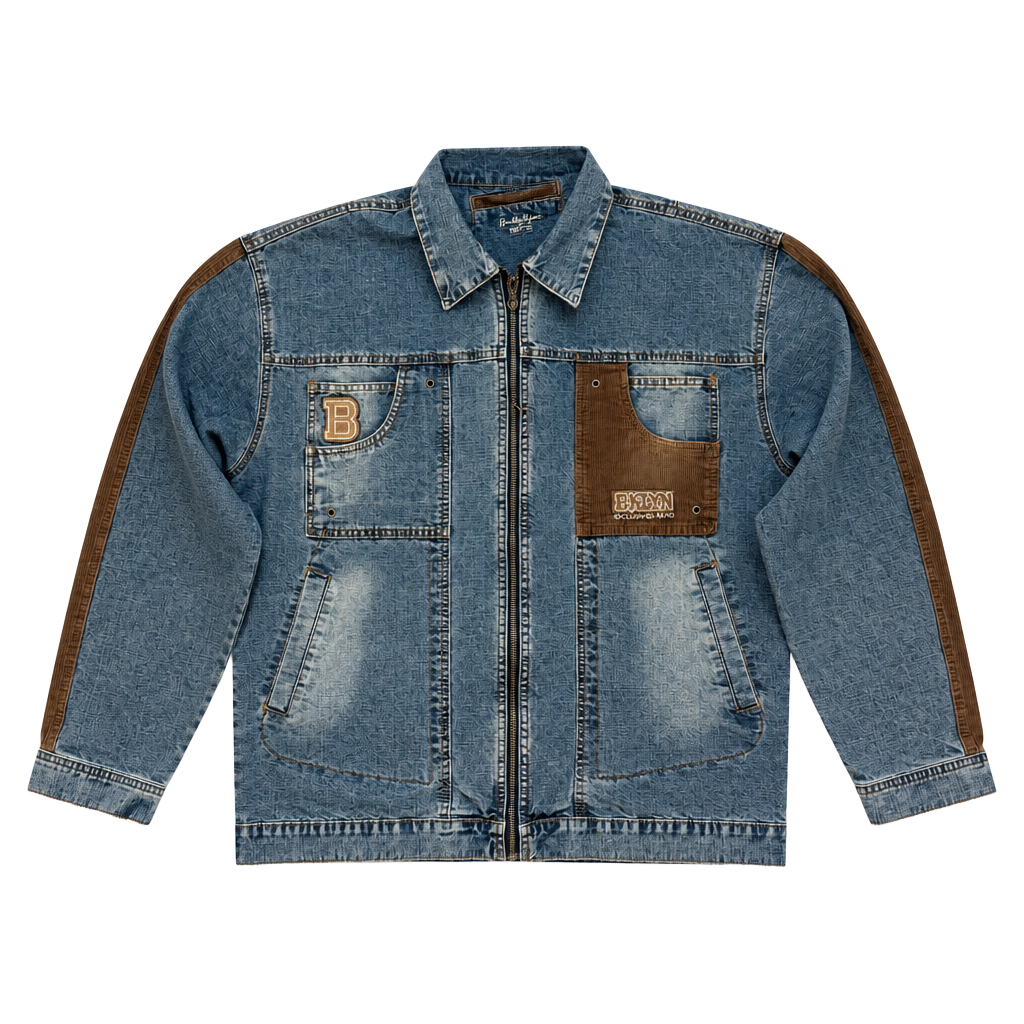 Brooklyn Xpress Vintage 90s Y2K Blue Denim & Corduroy Trim Zip Jacket 1