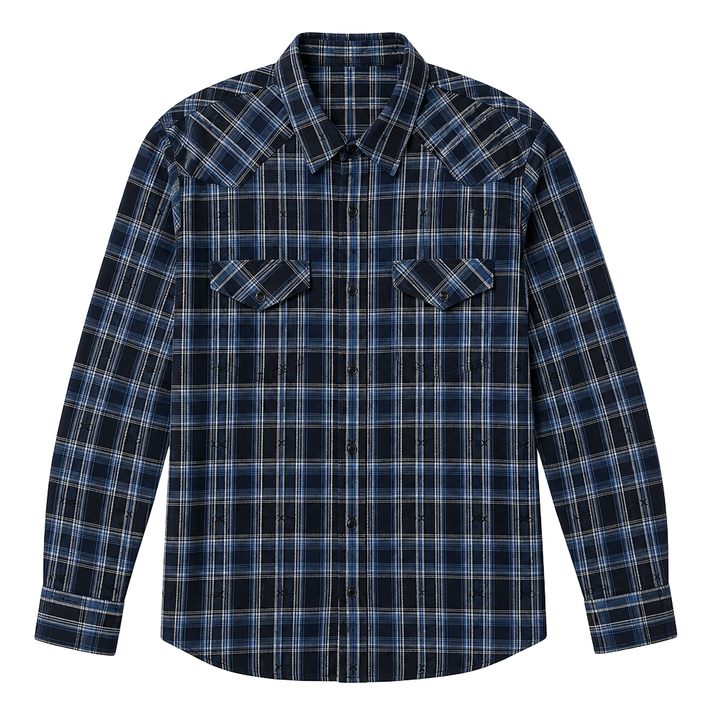 Blake Shelton x Lands' End Blue Plaid Western Snap Shirt XL 1