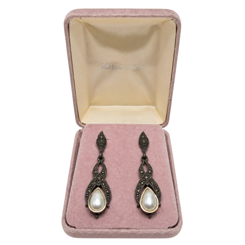 Vintage Sterling Silver Marcasite and Mother of Pearl Teardrop Dangle Earrings 1