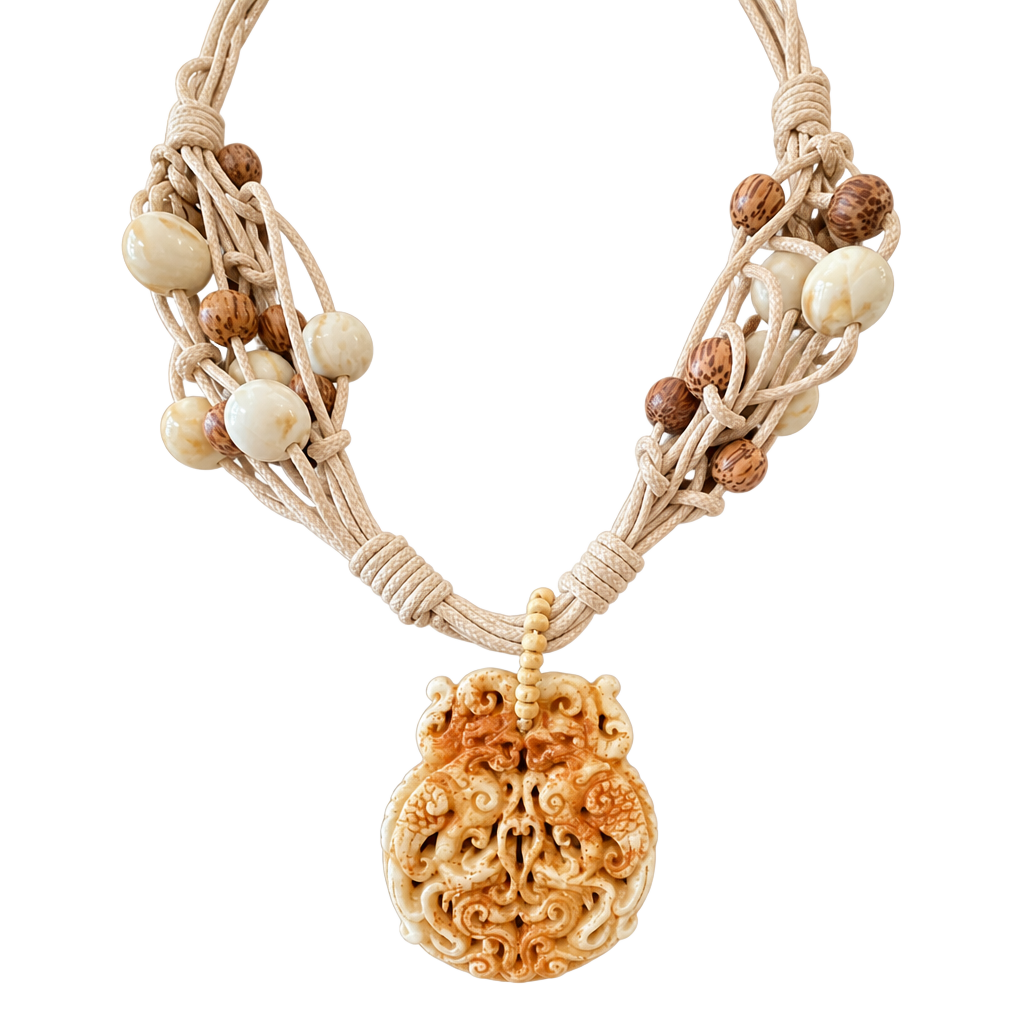 Bohemian Statement Necklace with Large Carved Resin Dragon Pendant and Beaded Cord 1