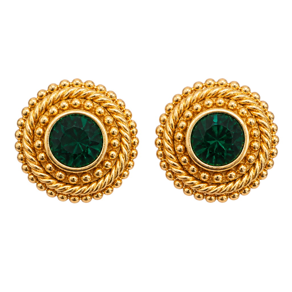 Swarovski Vintage Emerald Green Crystal Gold-Plated Etruscan Style Clip-On Earrings 1