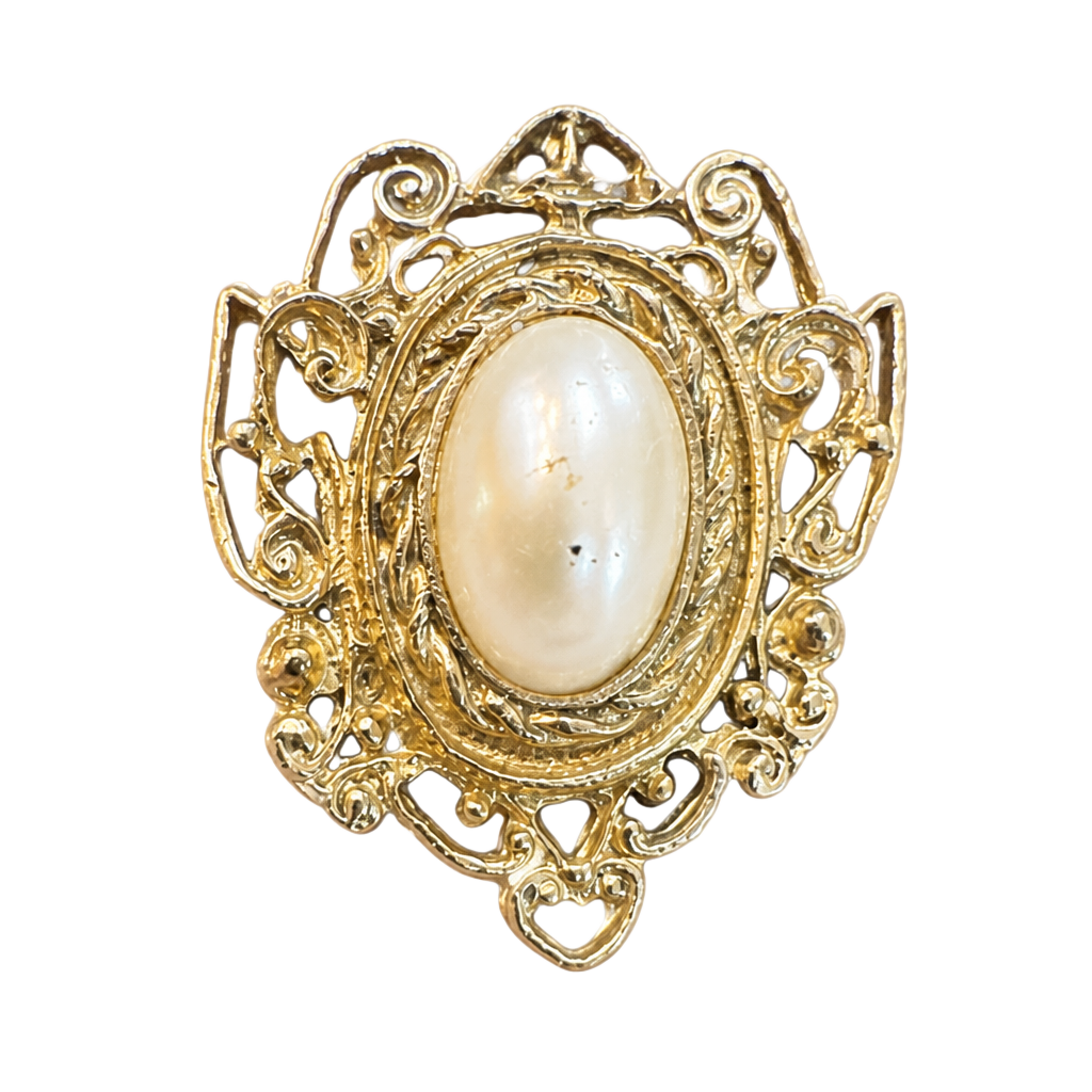 Vintage Gold Tone Filigree Openwork Brooch with Central Faux Pearl 1