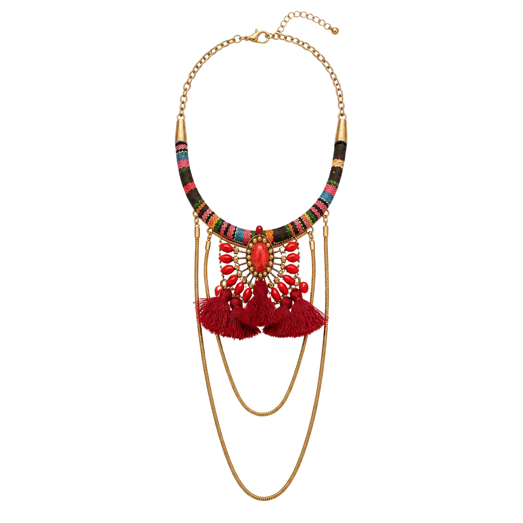 Boho Statement Bib Necklace with Red Tassel and Multi-Color Woven Collar 1