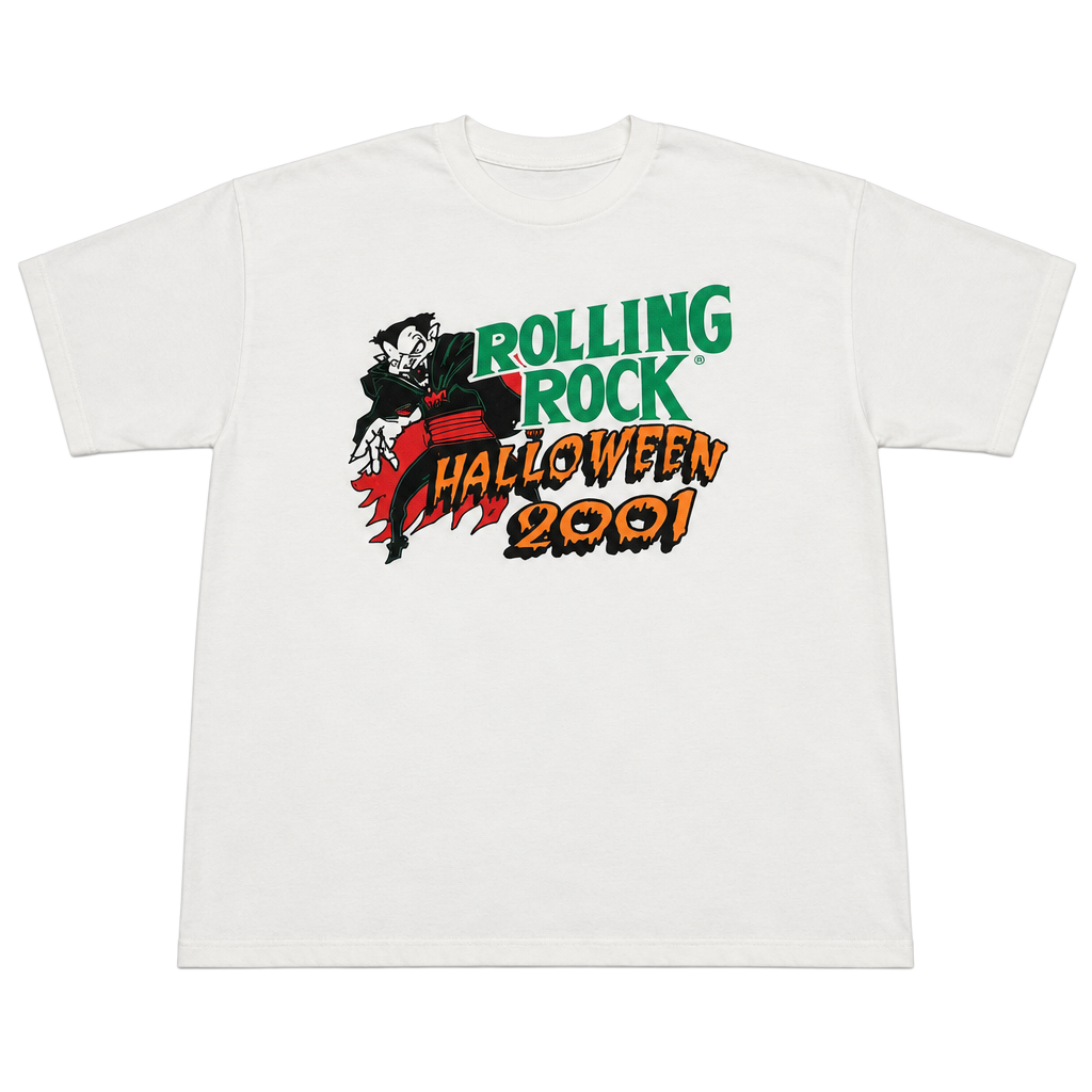 M&O Knits Rolling Rock Halloween 2001 T-Shirt Size XL White Cotton 1