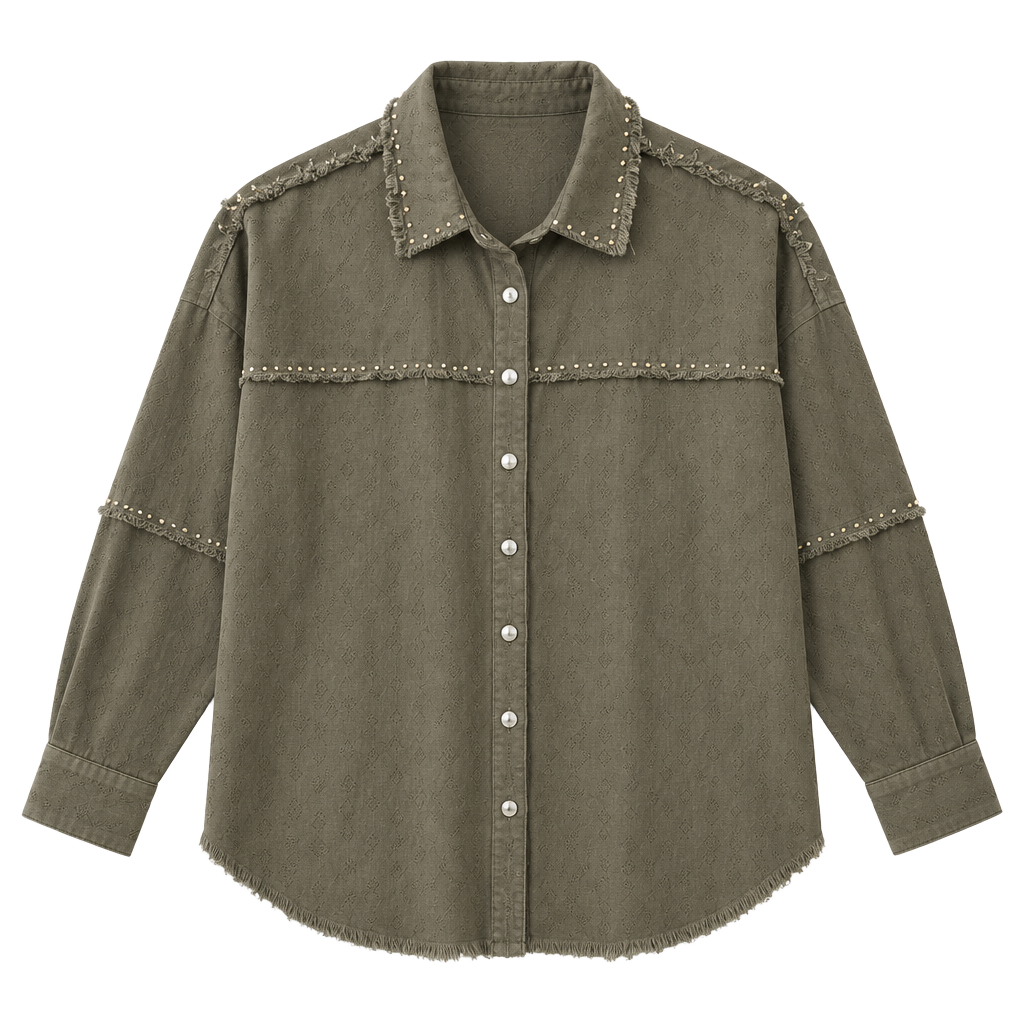 Veveret Studded Shacket Size M Olive Green Denim Jacket 1