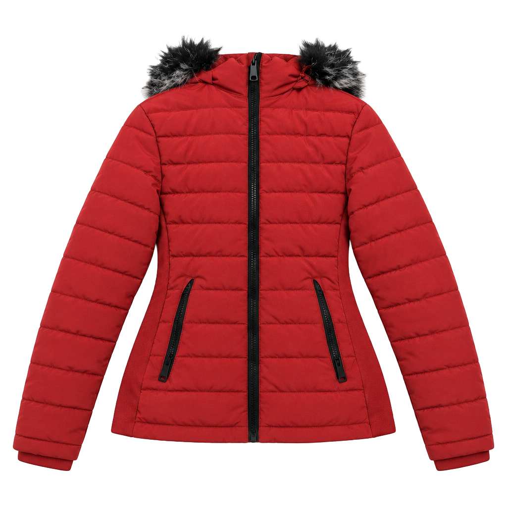 YMI Puffer Jacket Size L Red Faux Fur Hood Quilted Coat 1