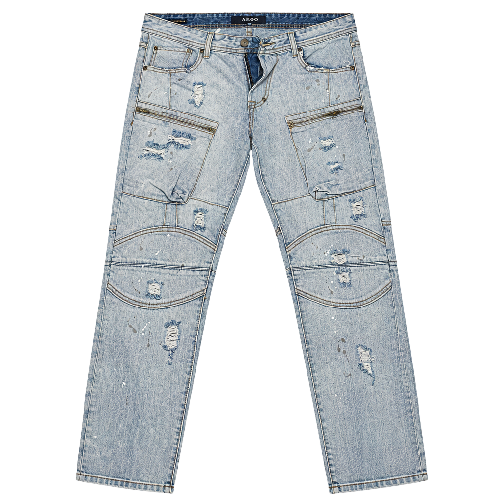 Akoo Biker Cargo Denim Jeans Size 34 Light Wash Distressed Paint Splatter 1