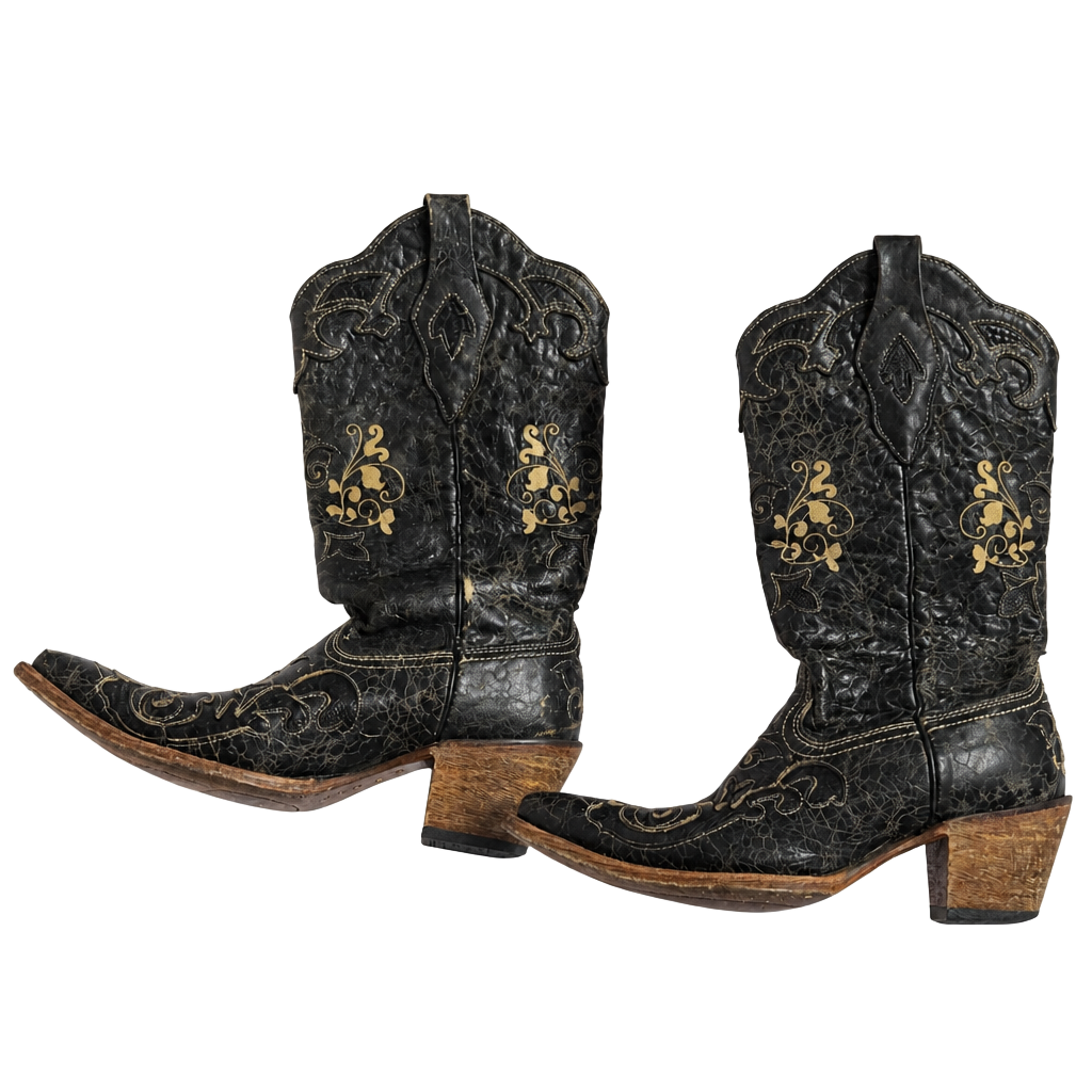 Corral Women's Vintage Distressed Black Leather Snip-Toe Cowboy Boots with Lizard Inlay Embroidery 1