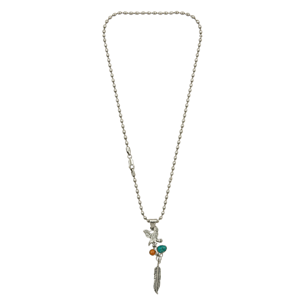 Vintage Sterling Silver Southwestern Eagle Feather Charm Necklace with Turquoise and Coral 1