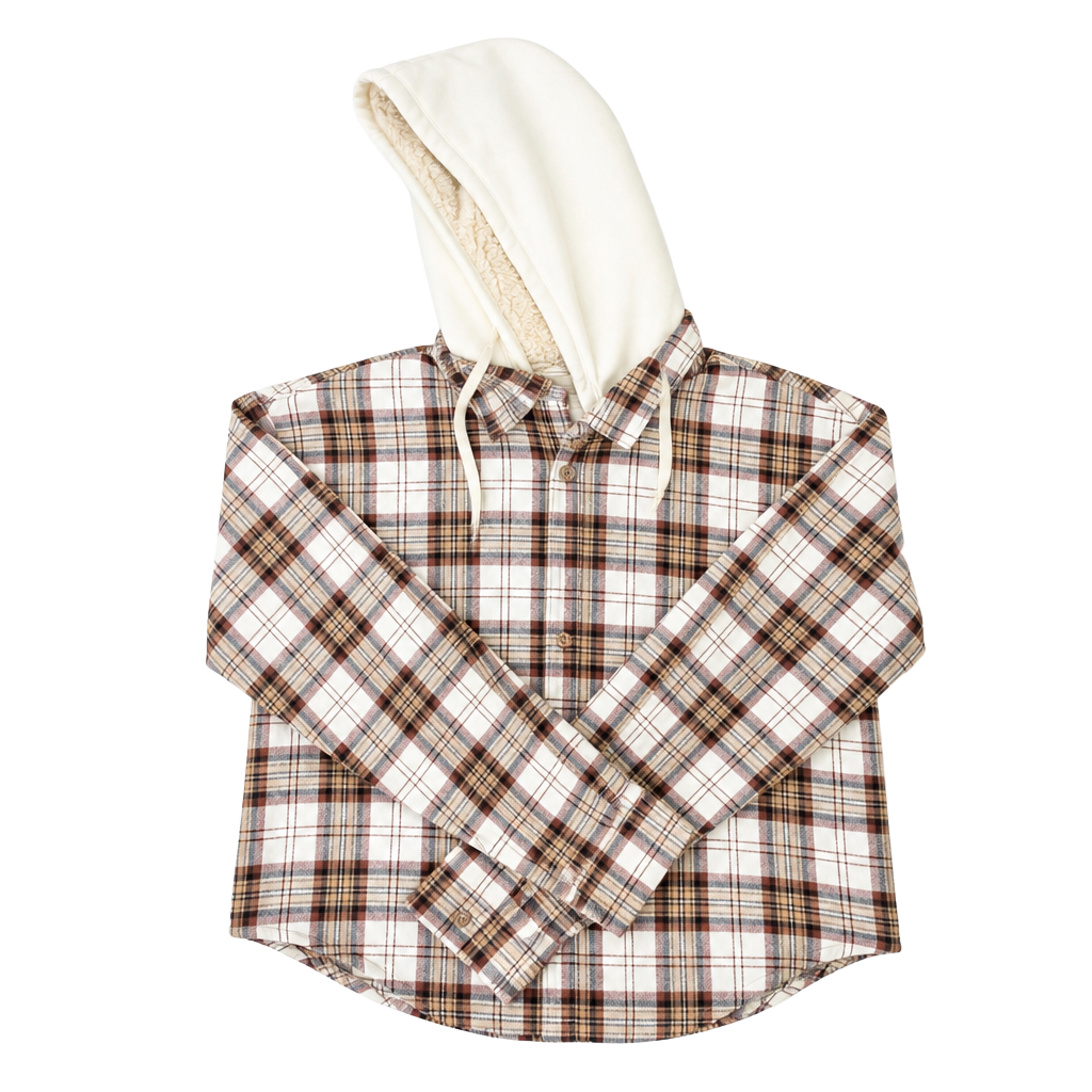 derek heart Women's Brown and White Plaid Sherpa Lined Hooded Flannel Shirt Jacket 1