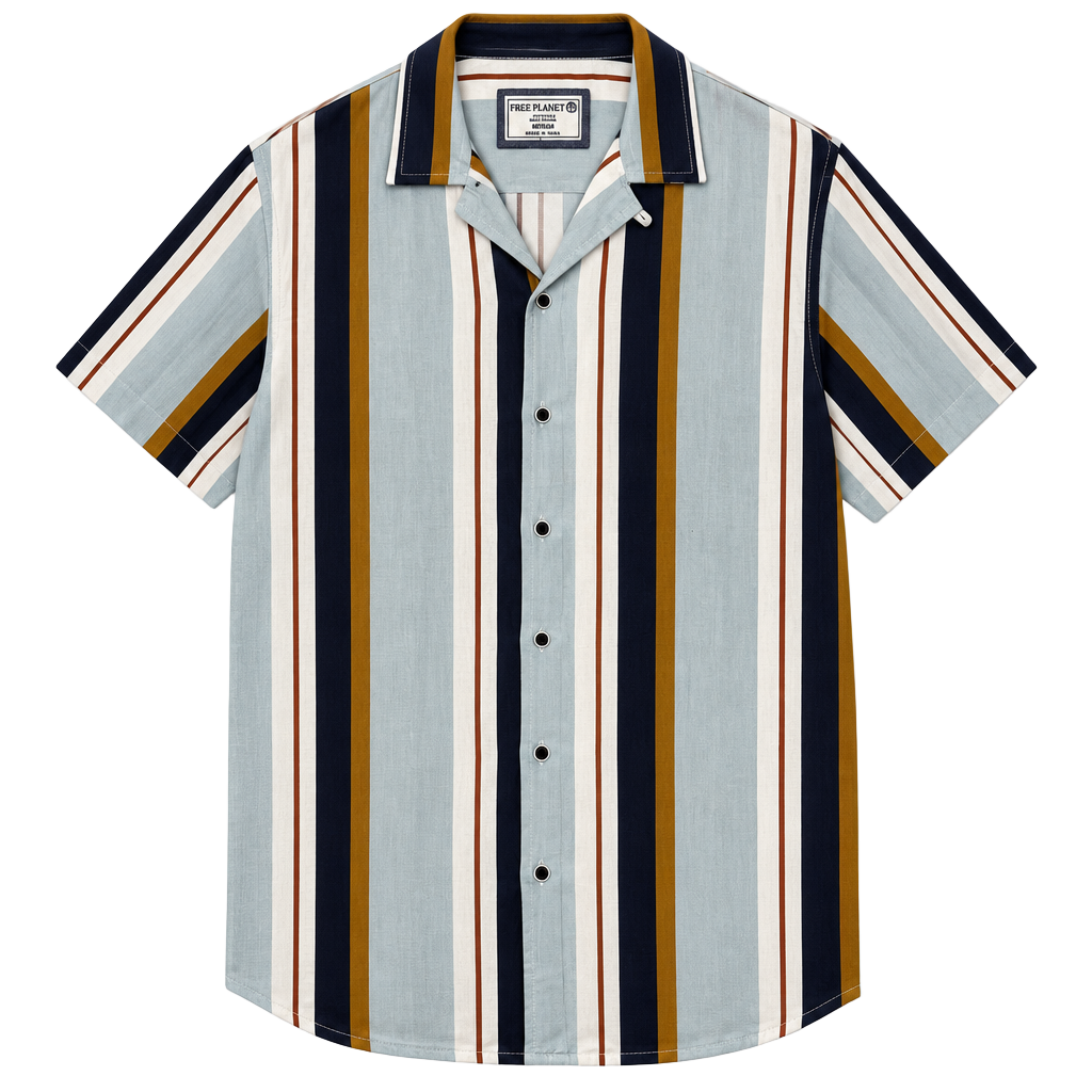Free Planet Short Sleeve Button Up Shirt Size Medium Blue Striped Rayon 1