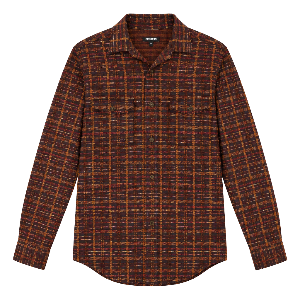 Express Plaid Long Sleeve Button Down Shirt Size S Brown Orange 1