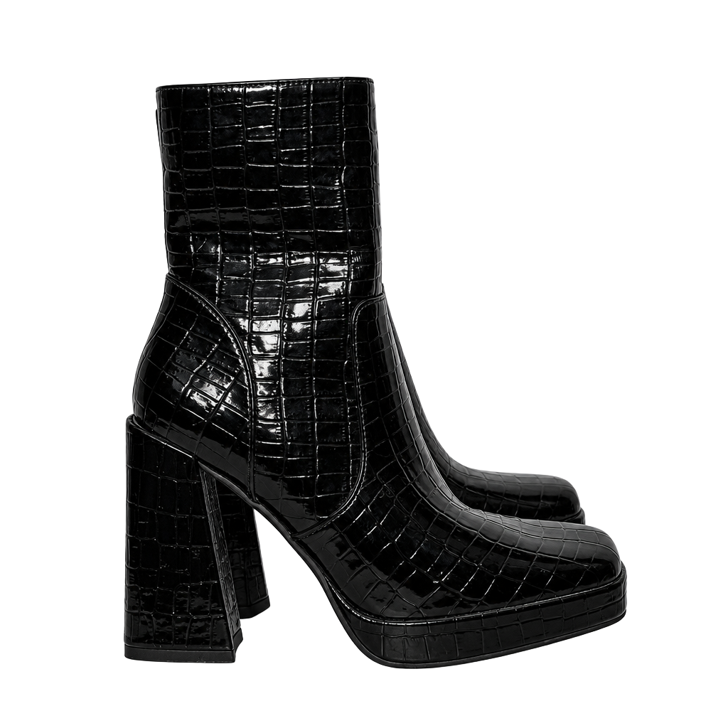 Forever 21 Block Heel Platform Boots Size 7 Black Croc 1