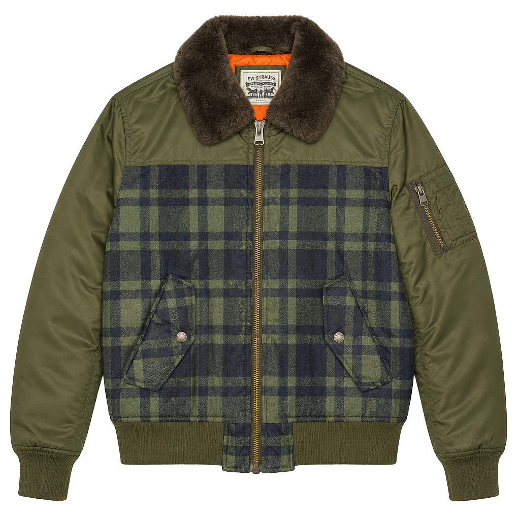 Levi's MA-1 Flight Bomber Jacket Size S Plaid Faux Fur Collar Green 1