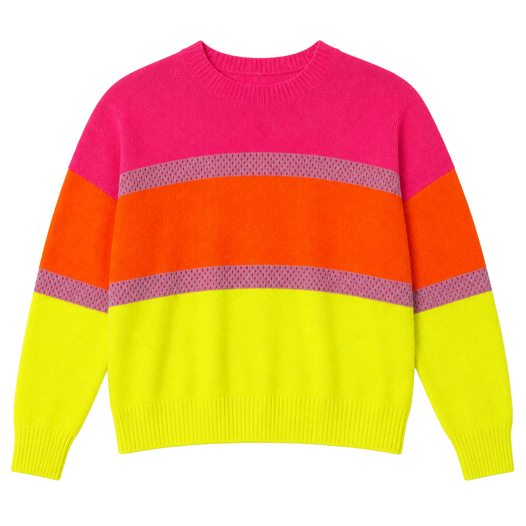 Brodie Cashmere Colorblock Sweater Pink, Orange, and Yellow Sweater 1