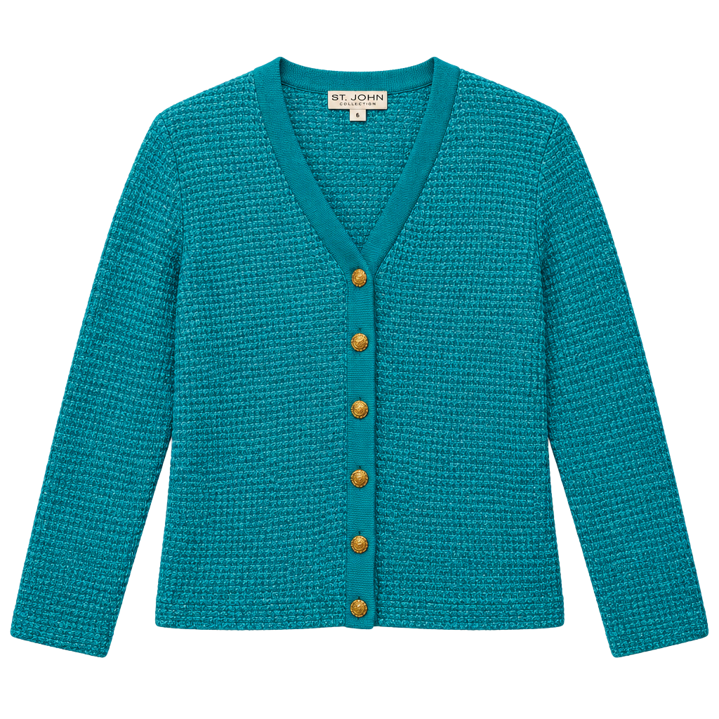St. John Collection Cardigan Size 6 Teal Gold Buttons 1