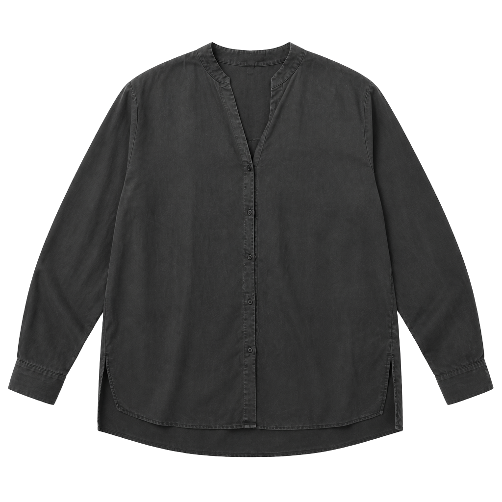 Eileen Fisher Band Collar Tunic Button Up Shirt Black Medium 1