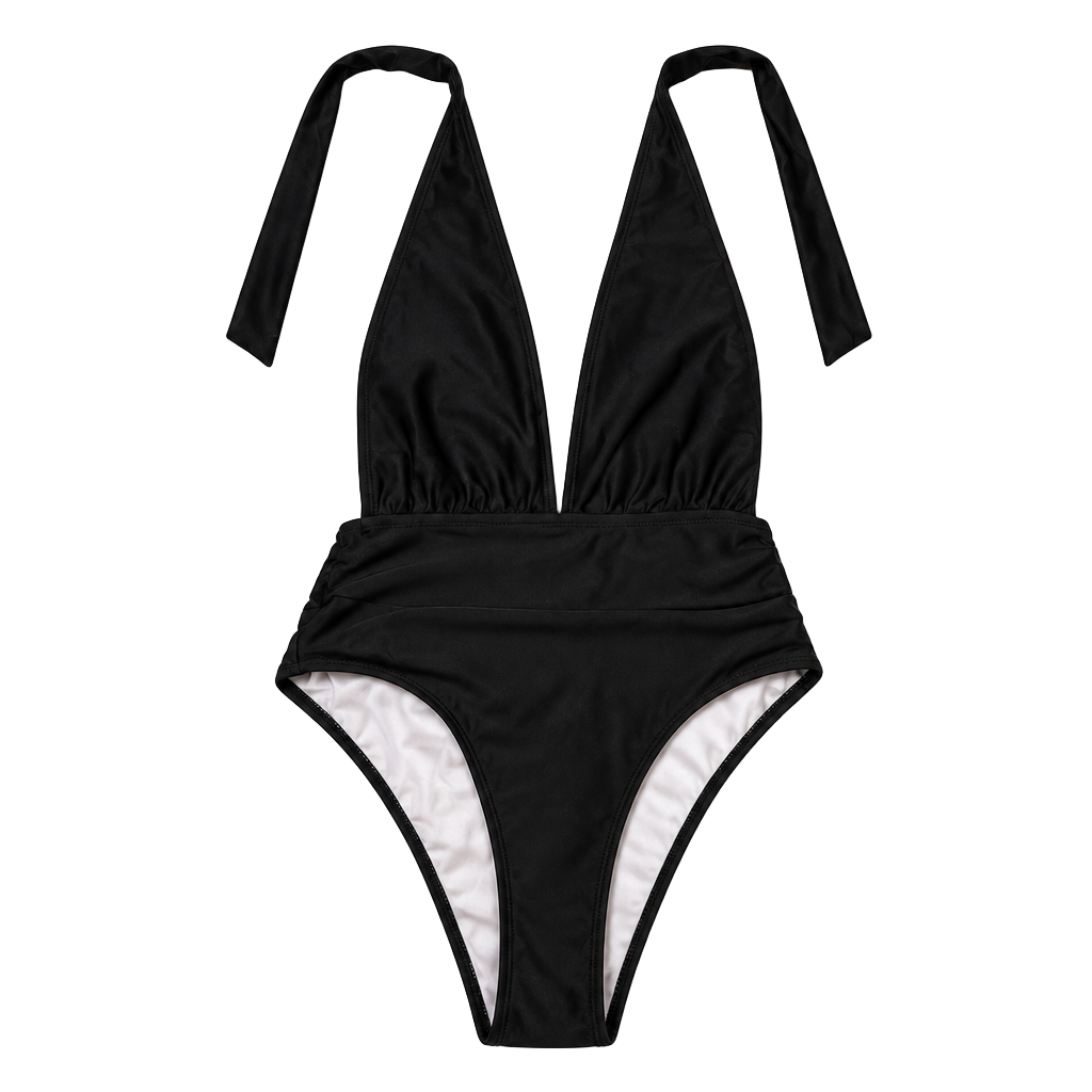 Black Plunging V-Neck Halter One-Piece Swimsuit with Ruched Waist 1