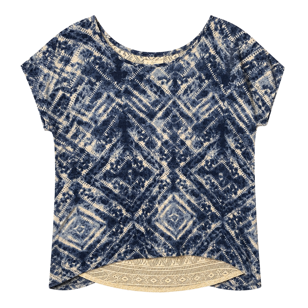 Blue Tie-Dye Short Sleeve Top with Lace Trim 1