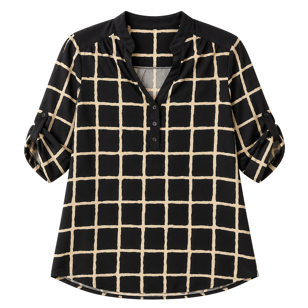 Navy Check Print Rolled Sleeve Blouse 1