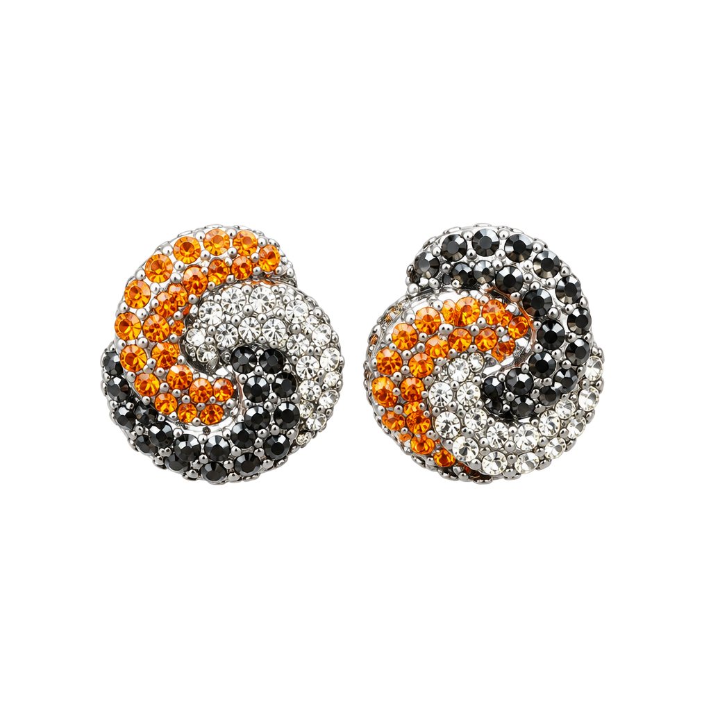 Monet Orange and Black Crystal Clip Earrings Gunmetal Tone Swirl 1