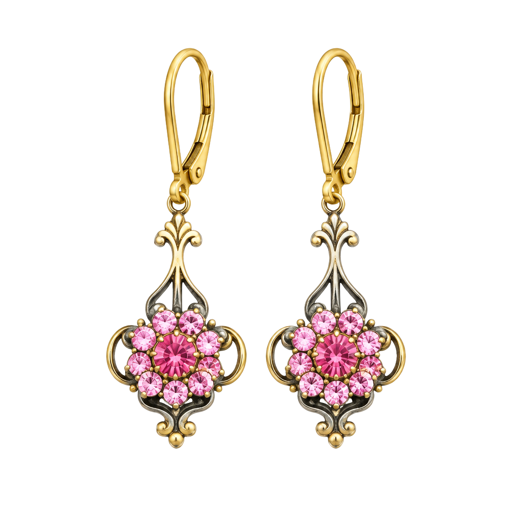 Vintage Style Antique Brass Pink Rhinestone Flower Dangle Earrings 1