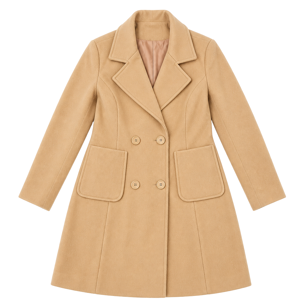 Women's Camel Double Breasted Trench Coat, Pockets, Notched Lapel, Size L 1