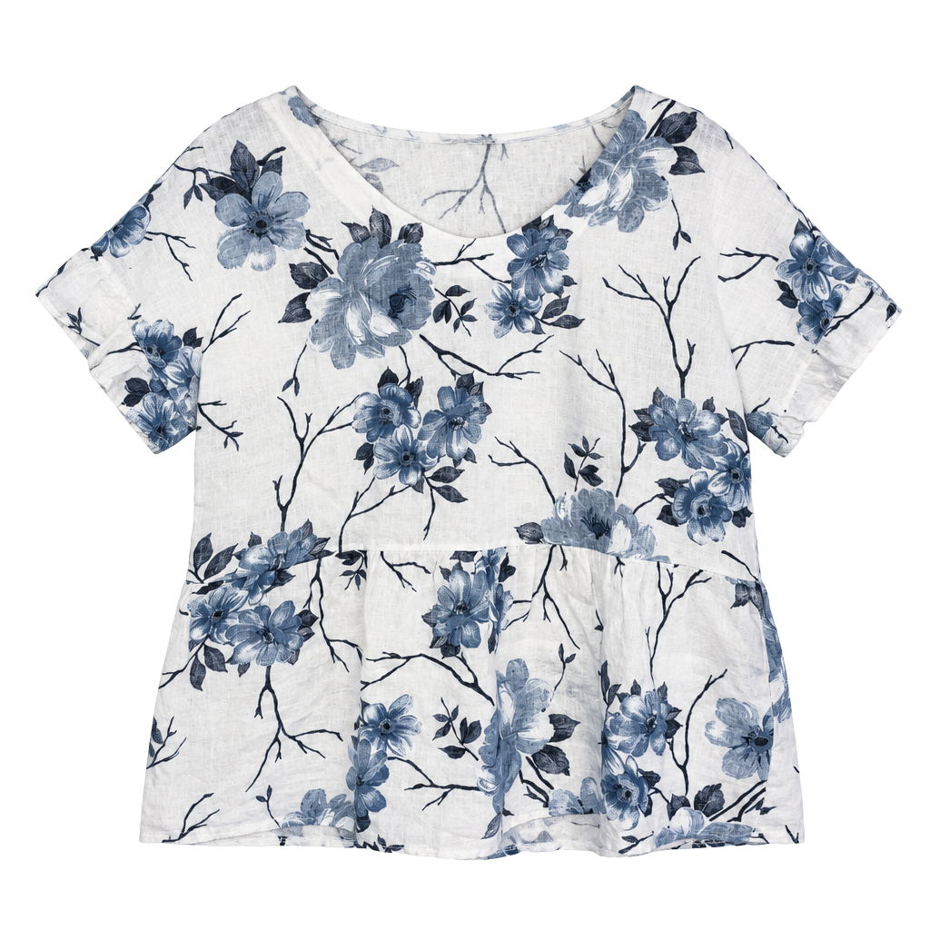 Lungo L'Arno Floral Linen Dolman Sleeve Crop Top Size S Blue White 1