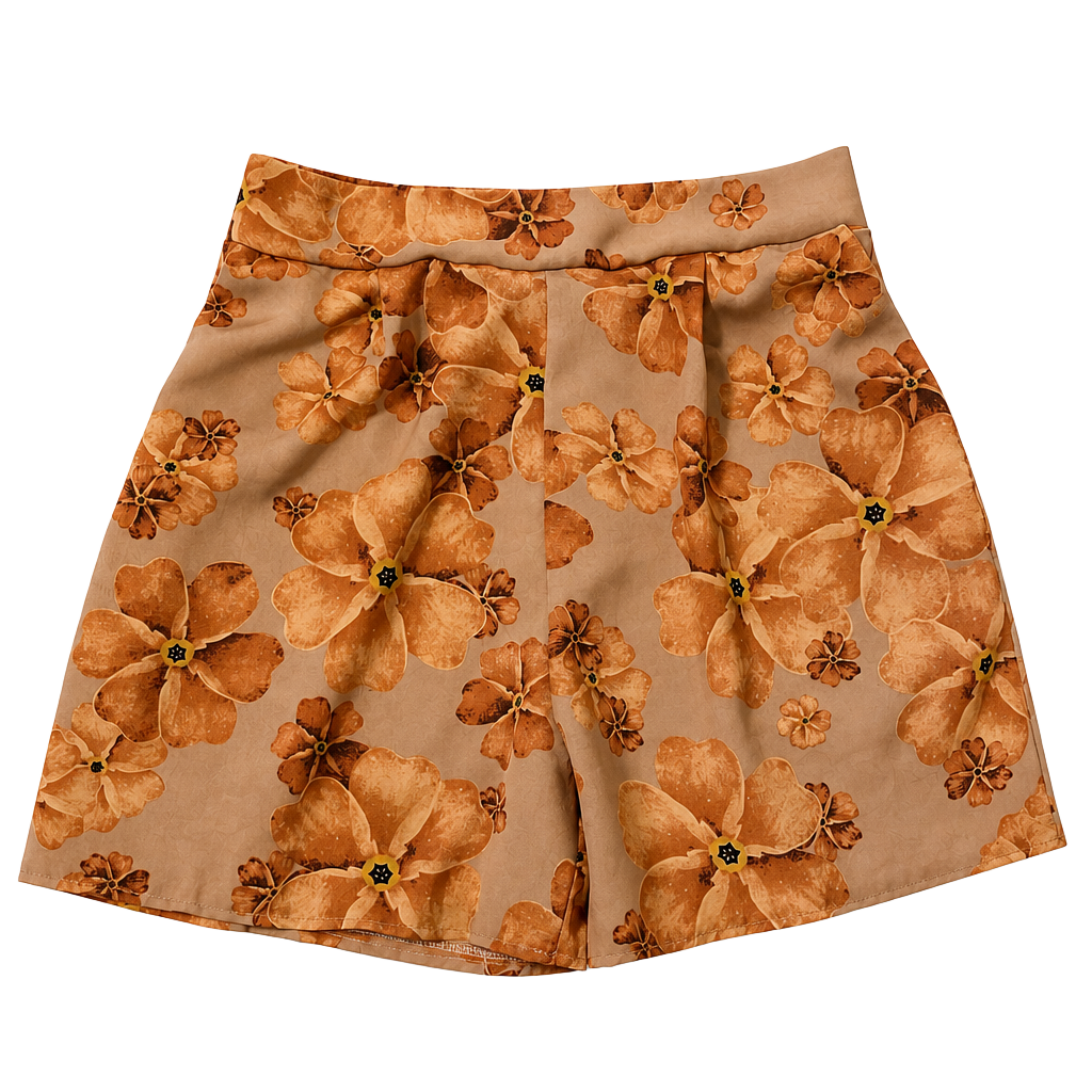 Light Brown Floral Print Loose Fit Casual Shorts For Women, Spring/Autumn 1