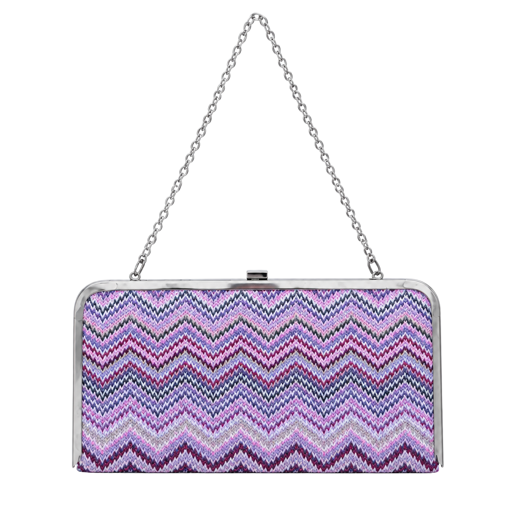 Chevron Print Woven Hard Clutch Crossbody Bag Pink Purple Silver Chain 1