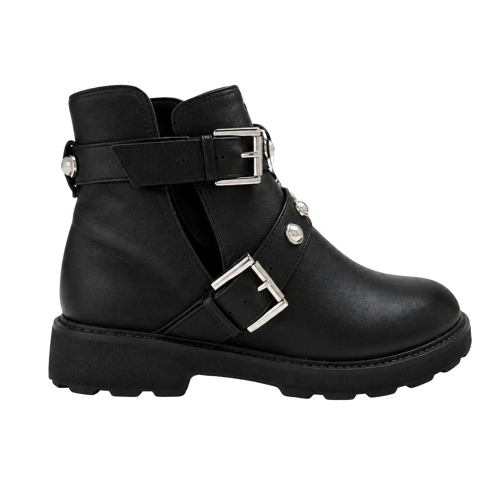 JustFab Clarice Cut-Out Lug Sole Boots Size 9 Pearl Buckle Black 1