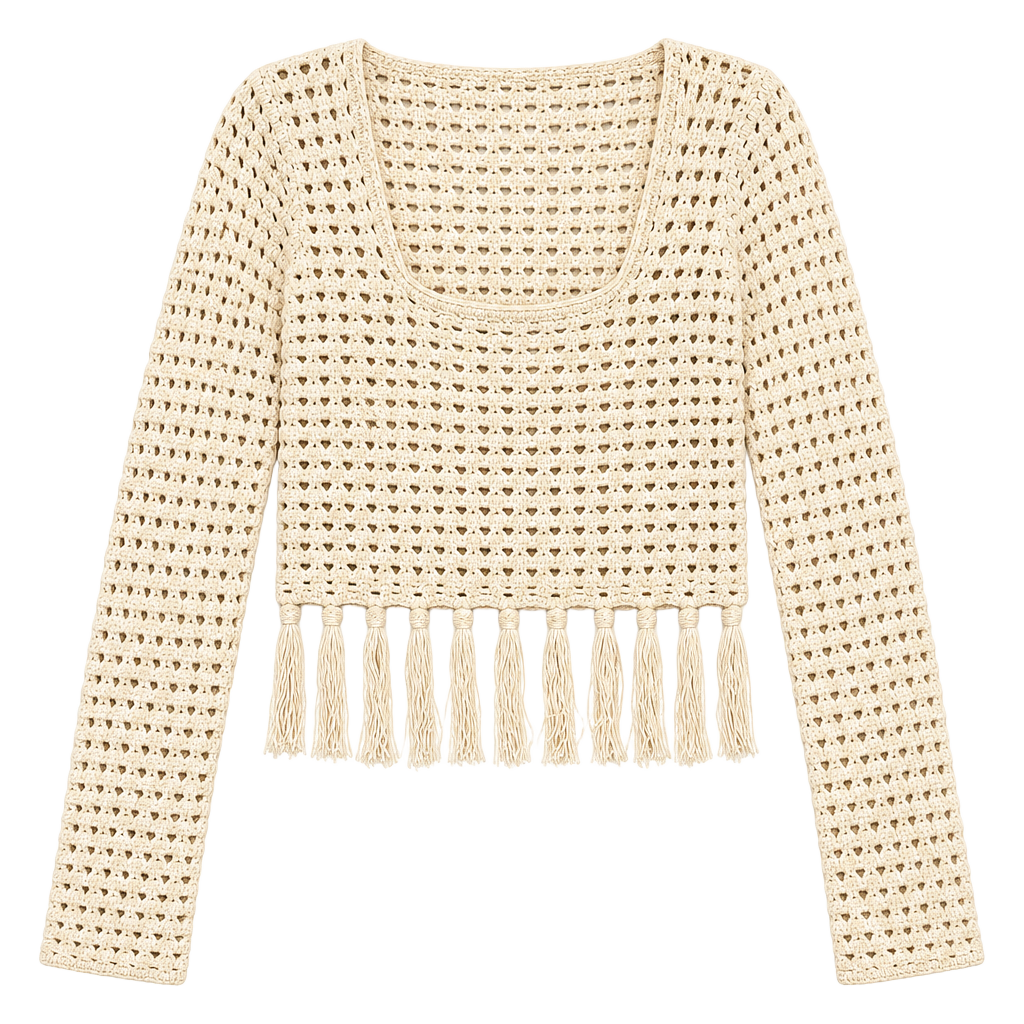 Le Lis Collection Crocheted Fringe Sweater Size S Beige 1