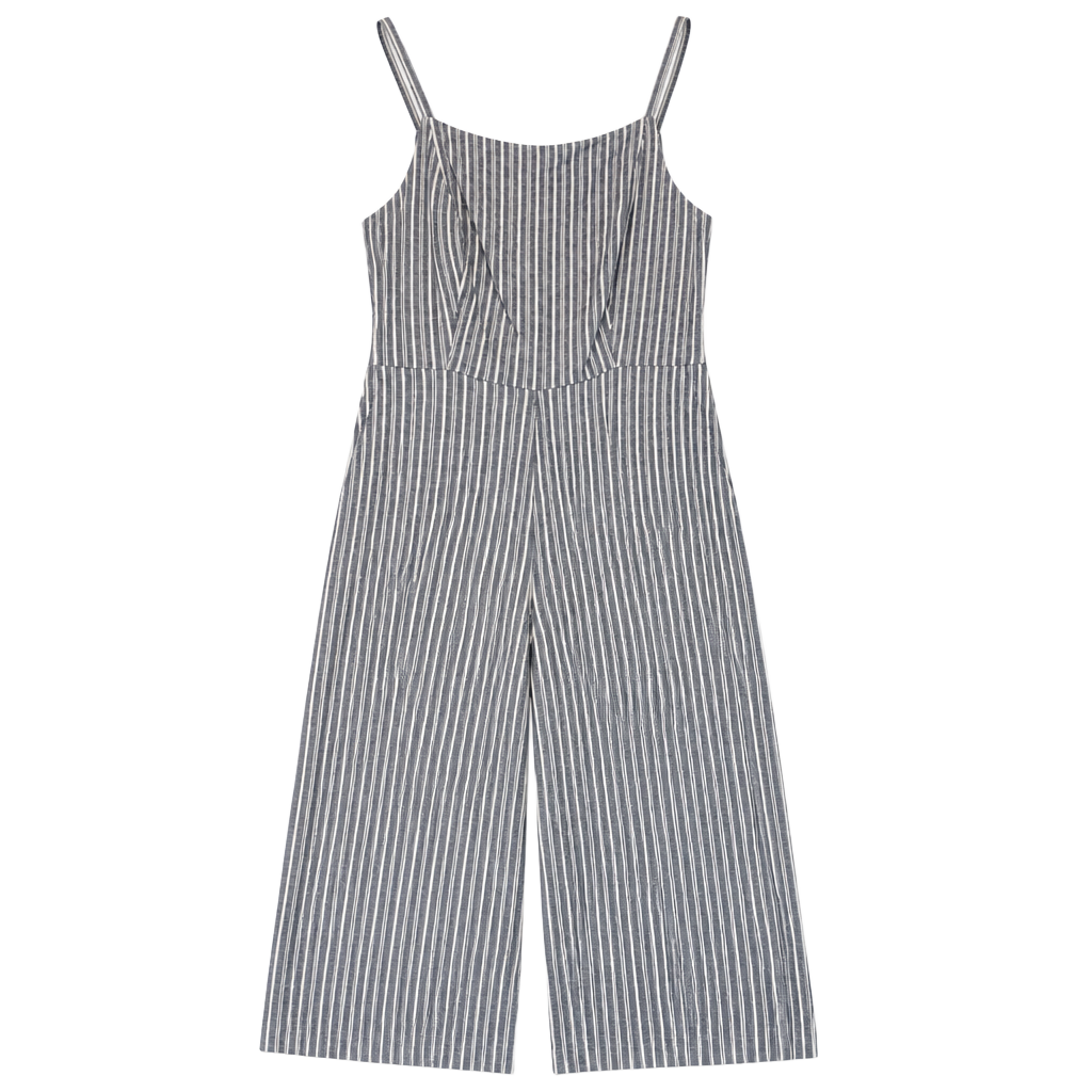 Old Navy Jumpsuit Size M Blue White Striped Linen Blend Smocked 1