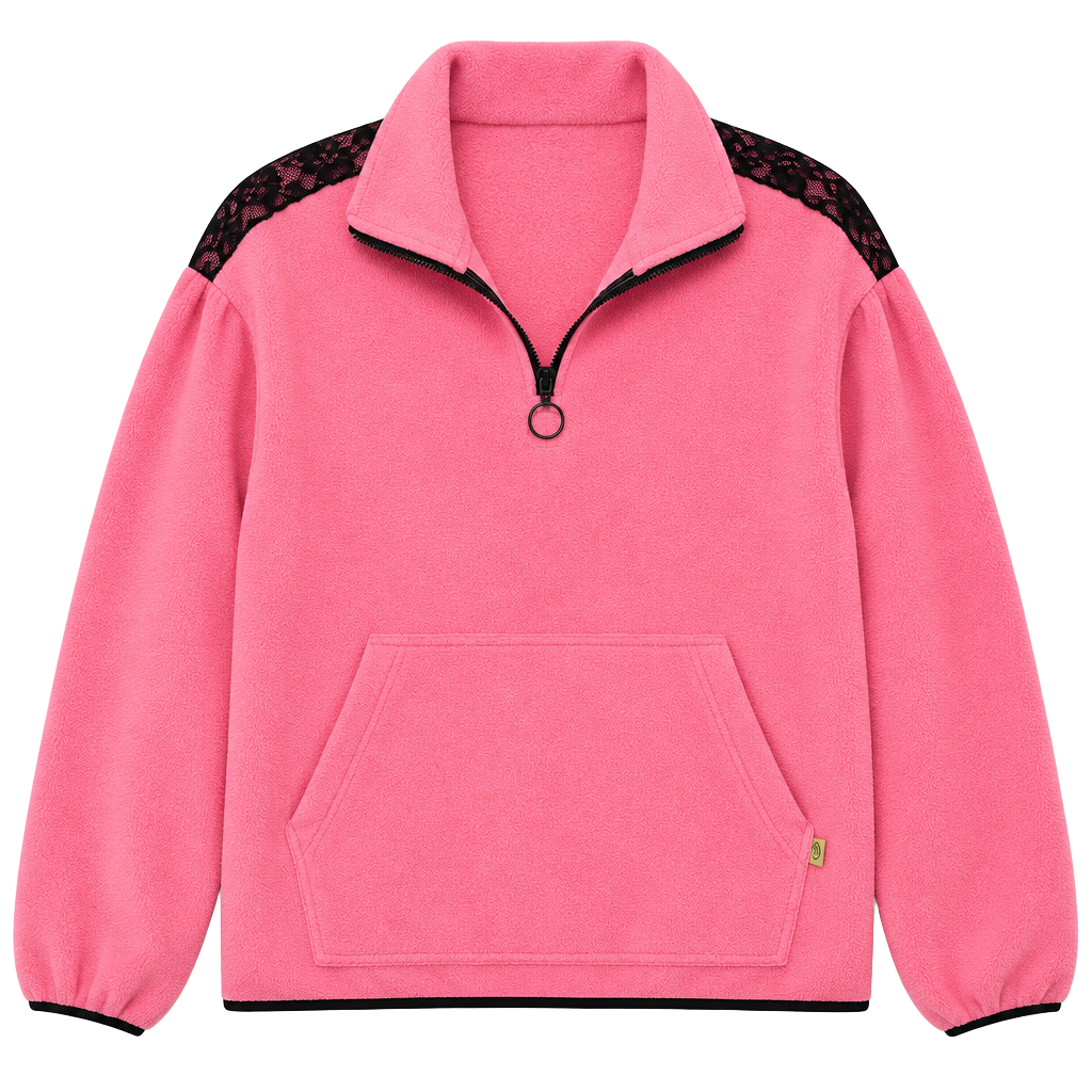 Lazy Oaf Half Zip Pullover Sweatshirt Size L Pink Black Lace Trim Fleece 1