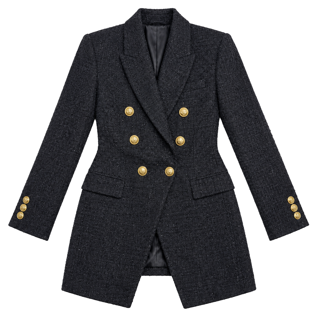 Zara Textured Weave Double Breasted Blazer Size S Black Gold Buttons 1