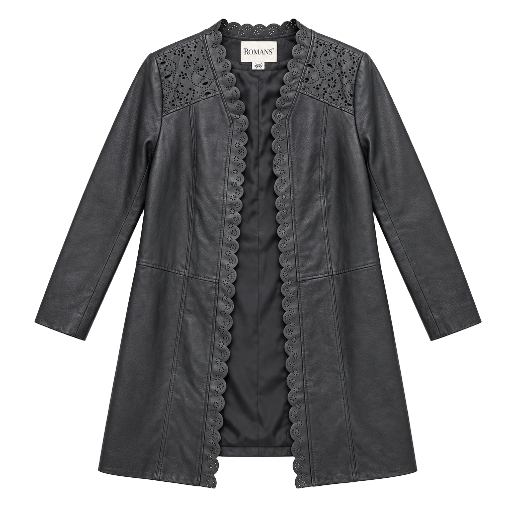 Roaman's Leather Jacket Size 14W Black Cutwork Scalloped Edge 1