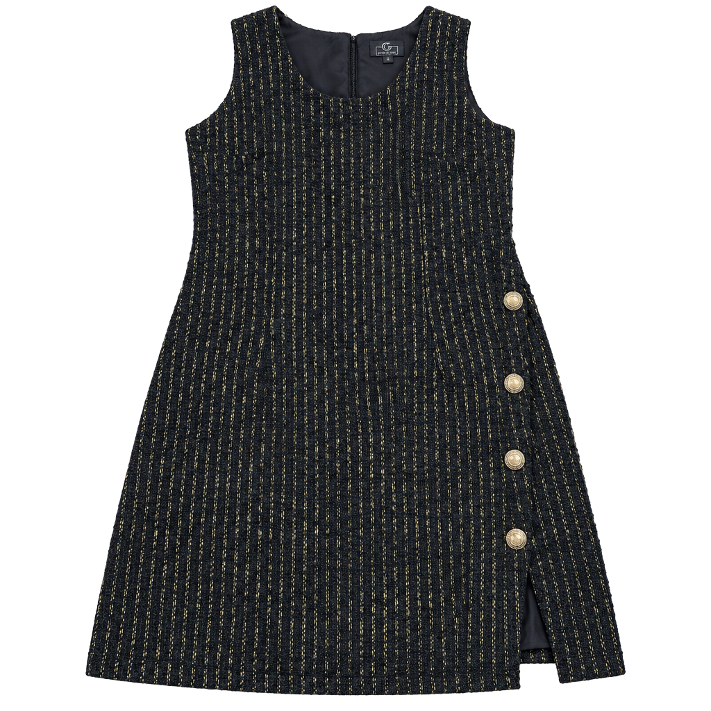 By Giuliana Black Label Tweed Mini Dress Size M Black Gold Striped Button Split 1