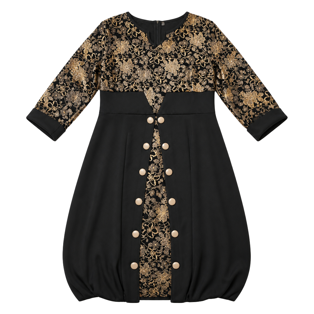 Black and Gold Floral Metallic Button-Front Dress Size S 1