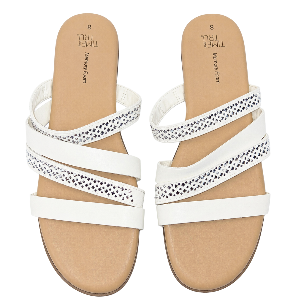 Time and Tru Asymmetric Strappy Sandals Size 8 White Rhinestone 1
