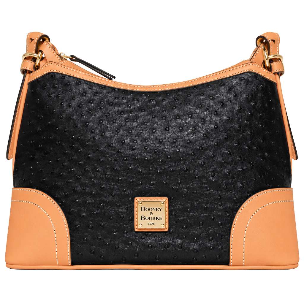 Dooney & Bourke Ostrich Crossbody Hobo Handbag Black Tan 1