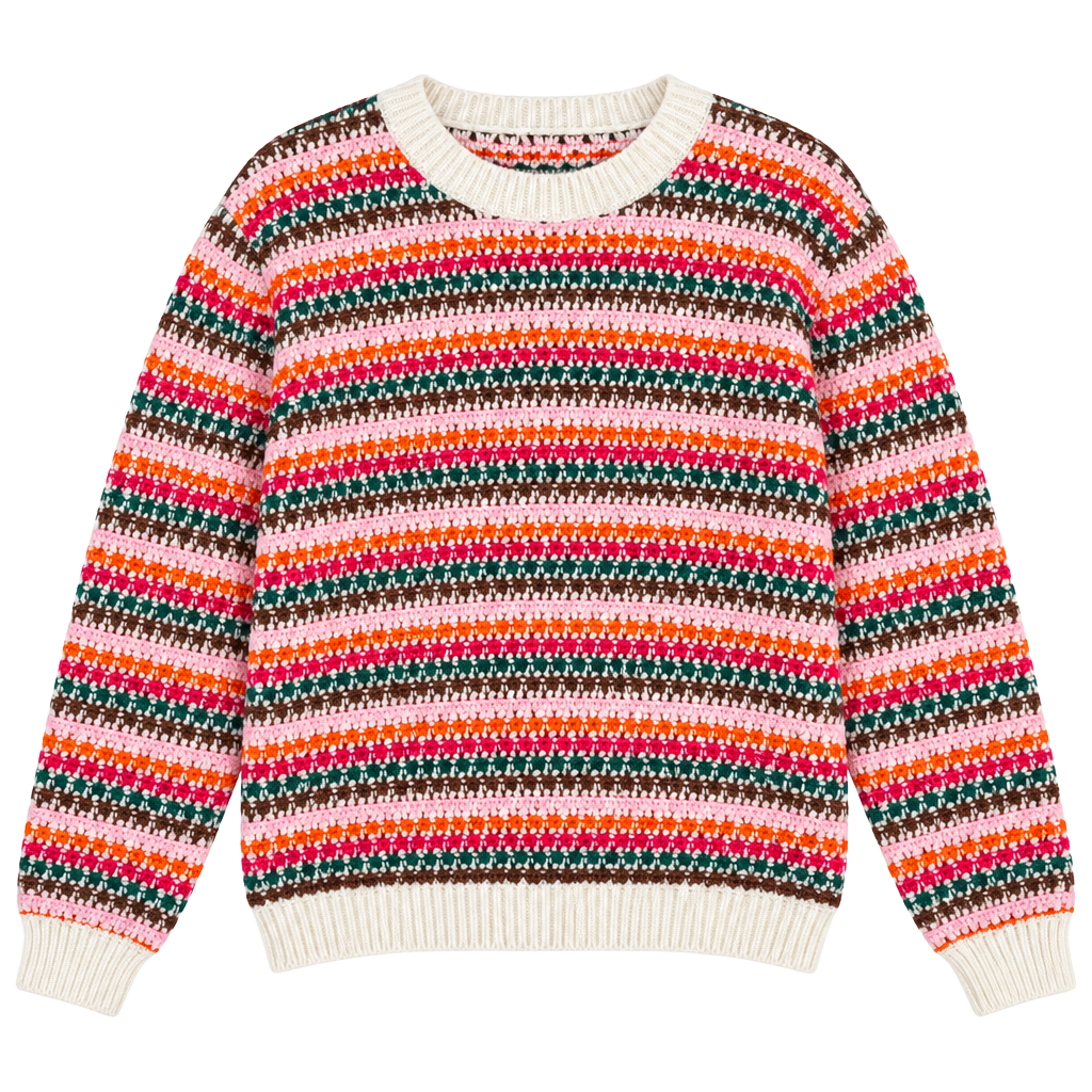 THML Women’s Striped Sweater Size M Multicolor Crocheted Crewneck Eclectic 1