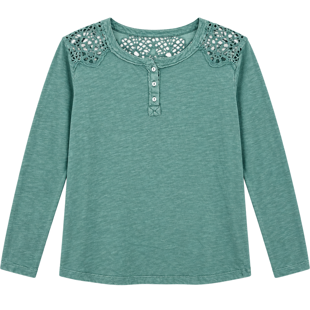 Lucky Brand Long Sleeve Henley Top Size M Green Cotton Crochet Shoulder Boho 1