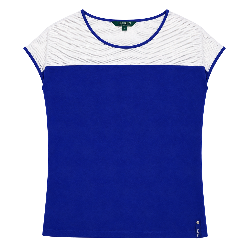 Ralph Lauren Women’s Cap Sleeve Mesh Yoke Top XL Blue White Colorblock Preppy 1