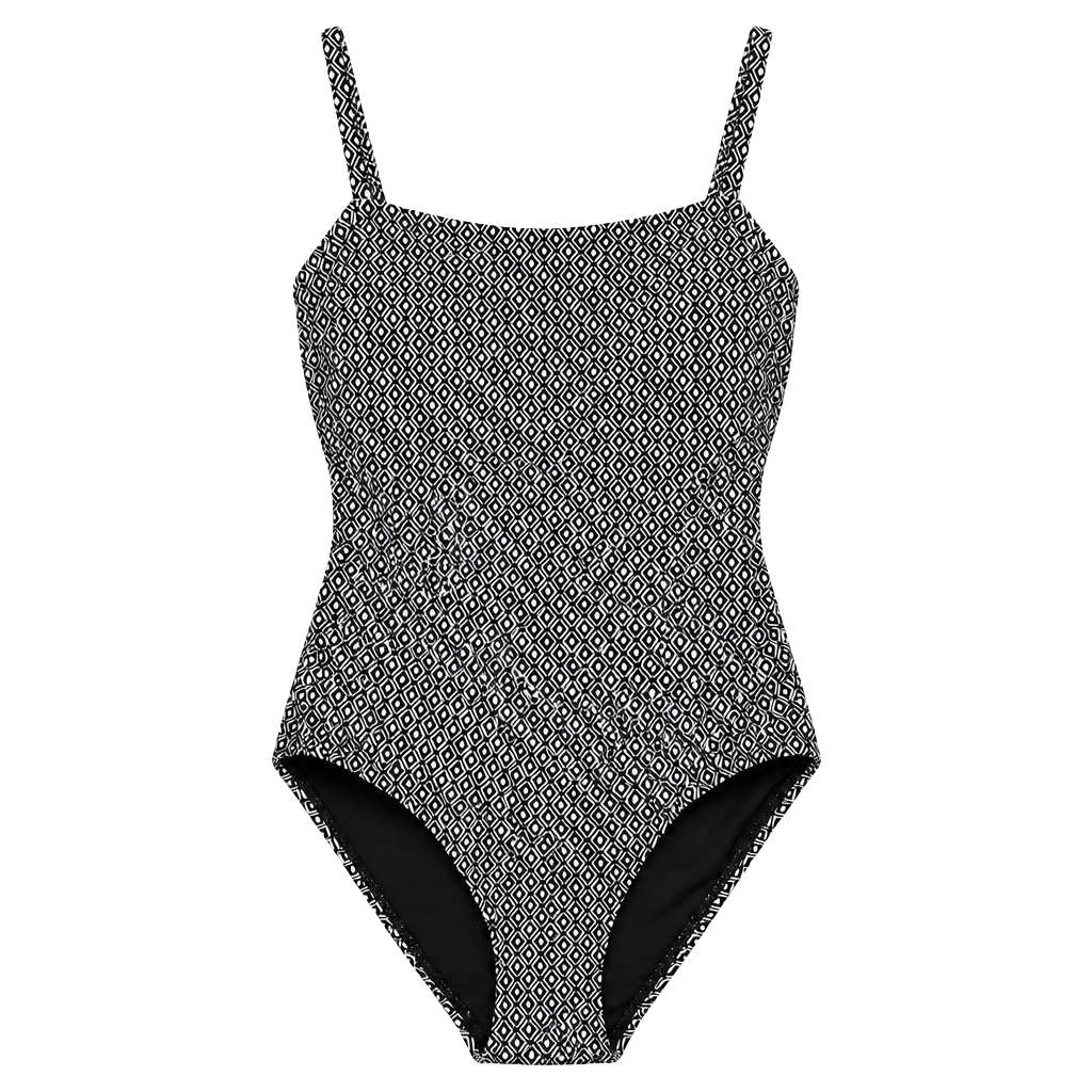DKNY One Piece Swimsuit Ruched Size Small Black White Geometric Print 1